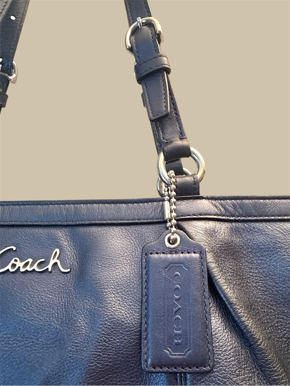 Coach Navy Blue Leather Tote with Silver Hardware - Picture 5 of 11